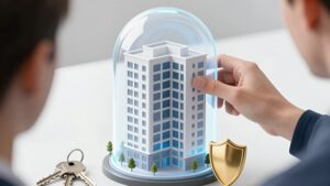 Защитный купол над моделью дома, помогающий сохранить квартиру при банкротстве физического лица